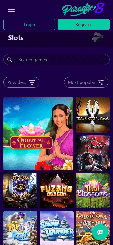 Paradise 8 Casino mobile games area with casino categories