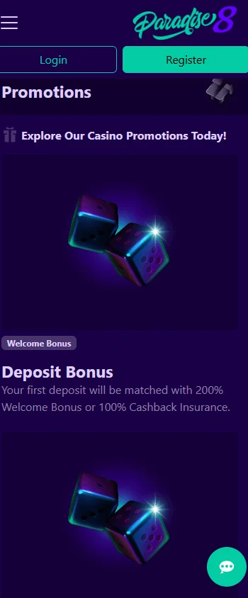 Paradise 8 Casino mobile promotions area with casino offers