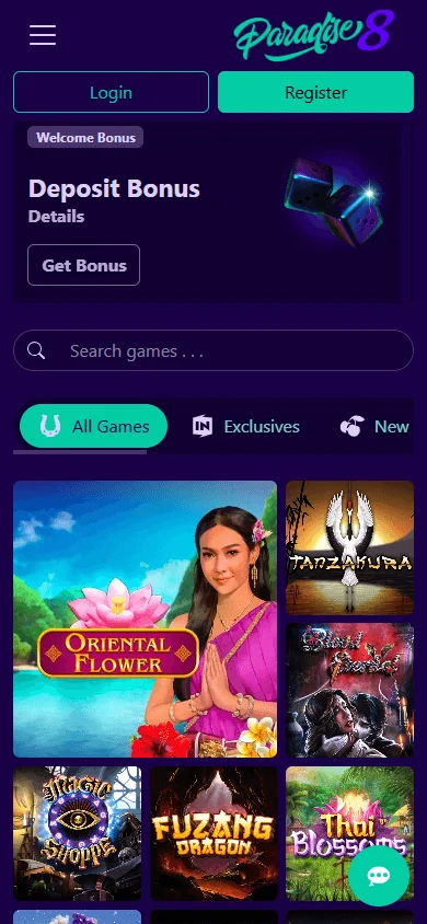 Paradise 8 Casino mobile home screen with casino access on a phone