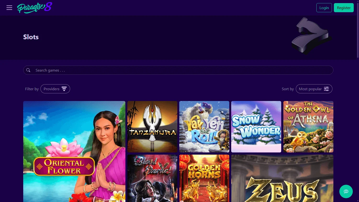 Paradise 8 Casino desktop games area with casino categories and game choices