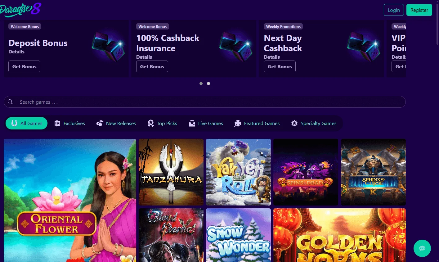 Paradise 8 Casino desktop home screen with casino offers and account access